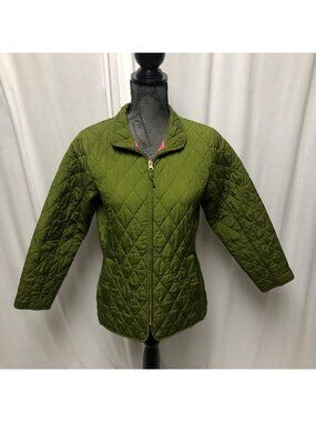 Lands End Quilted Jacket Girls Size Large 14 Dory Green Pink Plaid Lining Coat